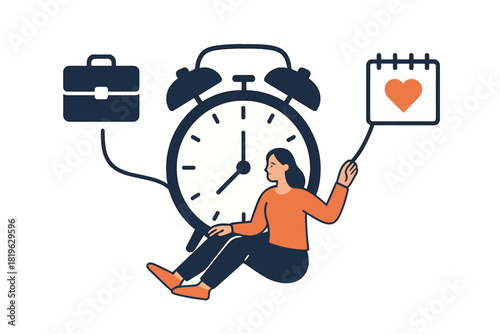 Woman balancing career responsibilities and personal life priorities using a clock and icons