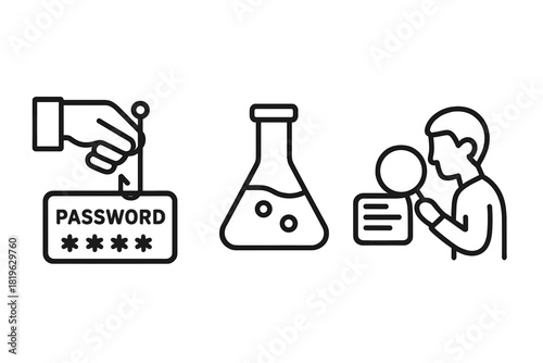 Black line icons for cybersecurity, scientific experiment, and data analysis