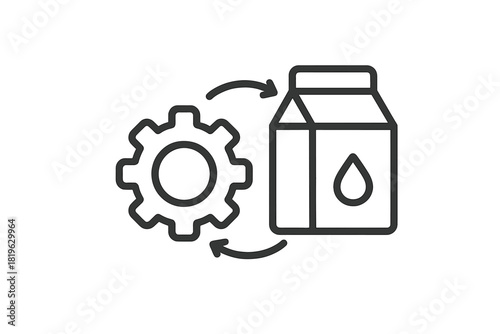 Industrial production cycle represented by a gear mechanism and a liquid container