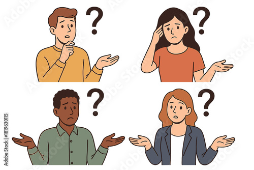 Diverse group of people feeling confused and uncertain with question marks above their heads