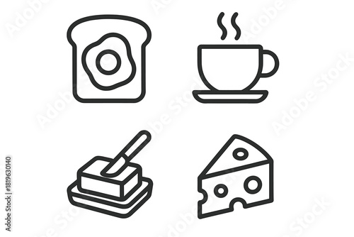 Simple outline icons depicting breakfast food and dairy items like egg, coffee, butter, and cheese