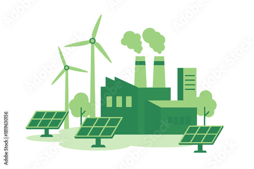 Industrial factory building with wind turbines and solar panels representing energy transition