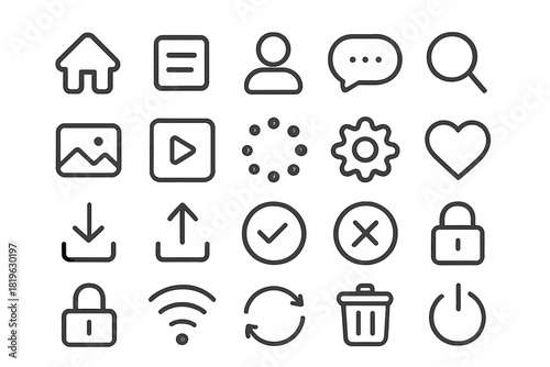 Minimalist collection of essential interface symbols for digital application design