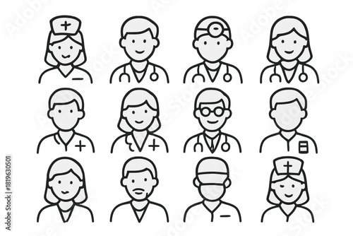 Set of diverse healthcare professionals and medical staff avatar icons in simple outline style