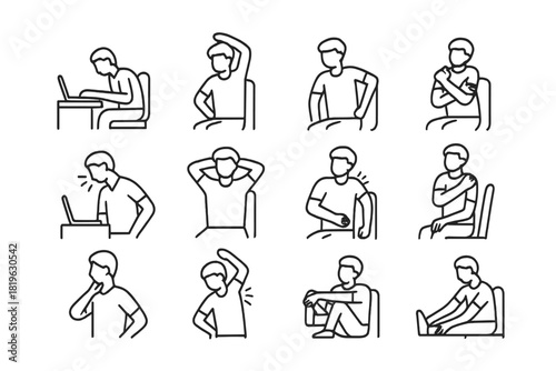 Worker exercises, stretching, and poor posture symptoms while sitting at a desk