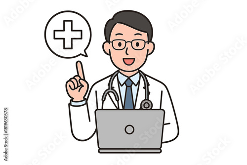 Friendly doctor using laptop for medical advice and online consultation