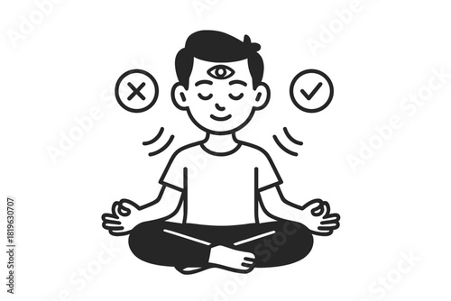Person meditating with third eye symbol choosing between right and wrong represented by checkmark and cross symbols