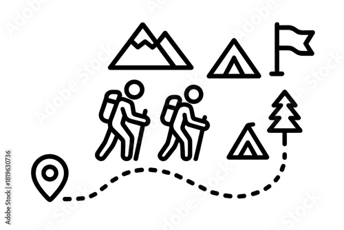 Two trekkers following a dotted hiking path toward a destination flag passing mountains and tents