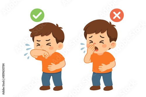 Young boy demonstrating proper cough and sneeze etiquette covering mouth with elbow