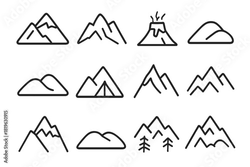Minimalist black line icons of mountain peaks, hills, and a smoking volcano