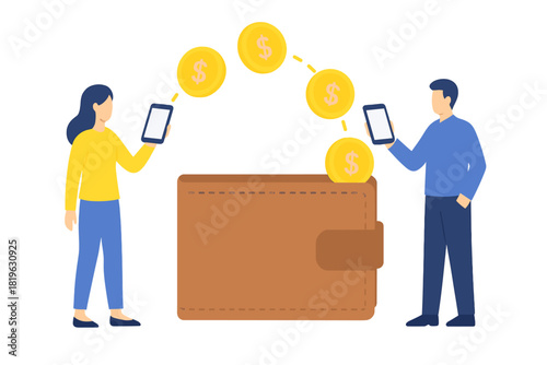 People transferring dollar coins using mobile phones into a digital wallet