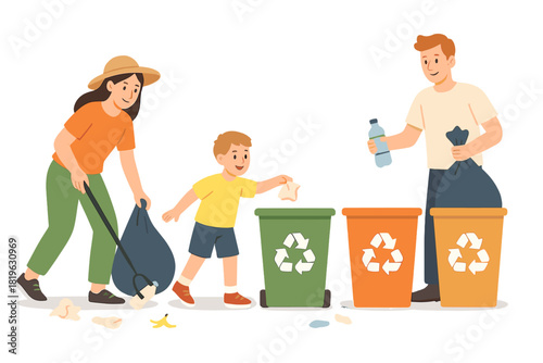 Family teaching child about waste sorting and recycling for a clean environment