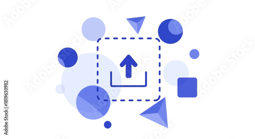 Abstract geometric shapes and icons illustrating the concept of uploading and data transfer in a digital space
