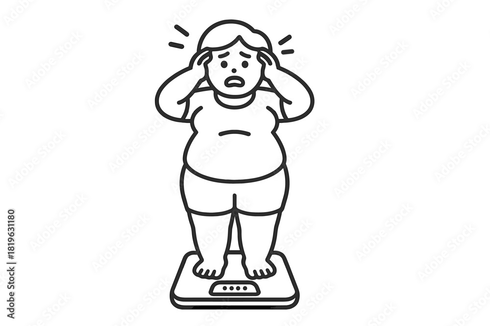 Fototapeta premium Overweight person standing on a weighing scale reacting with shock and disappointment
