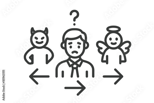 Person facing a moral dilemma with angel and devil figures representing good and evil