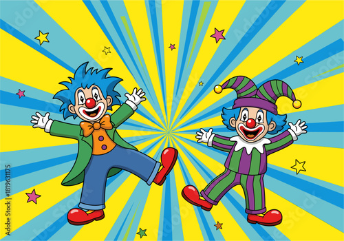 Cheerful cartoon clowns with colorful costumes, red noses, and blue hair, spreading joy on a vibrant yellow and blue radial background with stars, fun.