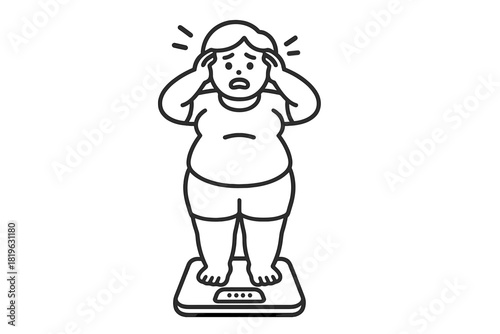 Overweight person standing on a weighing scale reacting with shock and disappointment