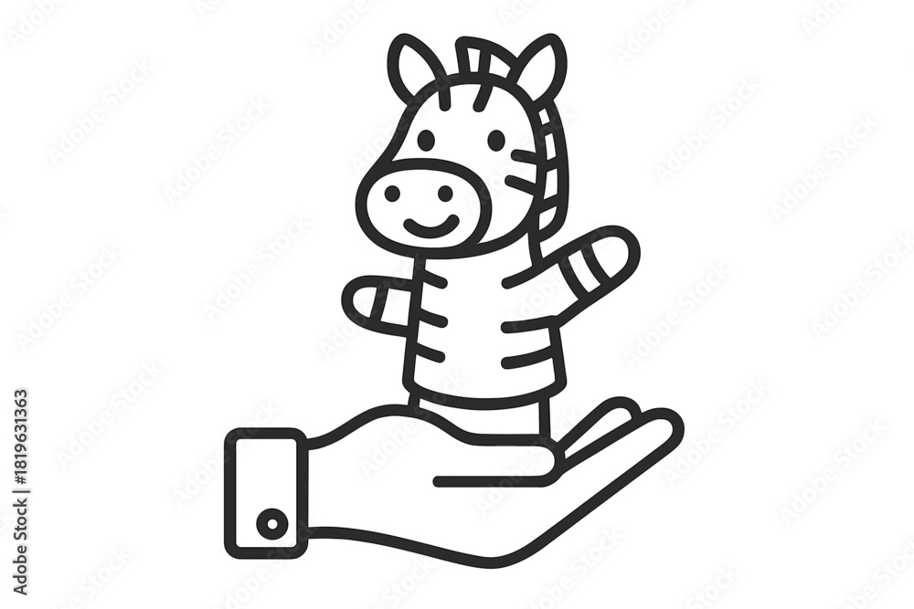 Obraz premium Simple black and white drawing of a friendly striped zebra hand puppet held gently in a human palm