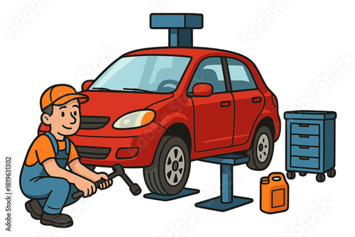 Auto mechanic working on a red car lifted on a hydraulic lift in a repair shop