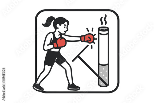 Woman wearing boxing gloves punching a cigarette stick symbolizing smoking cessation