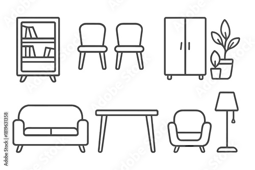 Minimalist outline style elements representing various household furnishings and interior design