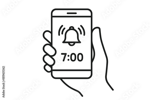 Hand holding mobile phone with ringing alarm notification showing seven o'clock time