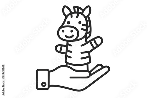 Simple black and white drawing of a friendly striped zebra hand puppet held gently in a human palm