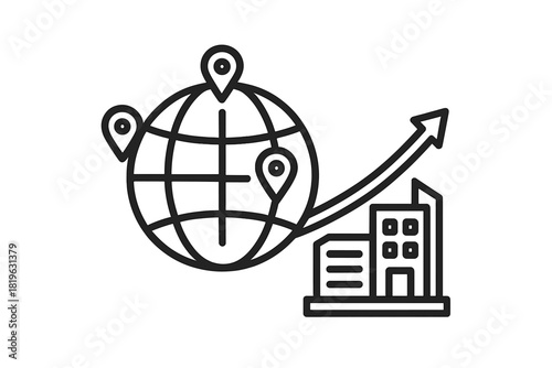 Worldwide business expansion and corporate growth with location pins and rising arrow