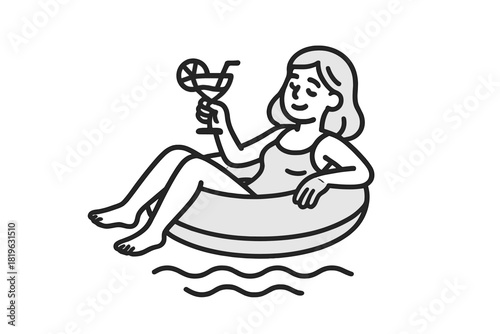 Smiling woman relaxing on a swimming tube enjoying a summer holiday beverage