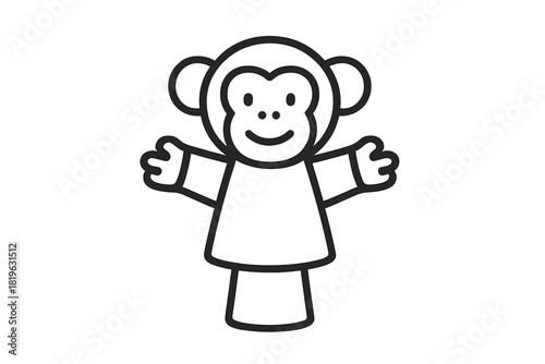 Smiling monkey hand puppet outline with arms outstretched black and white