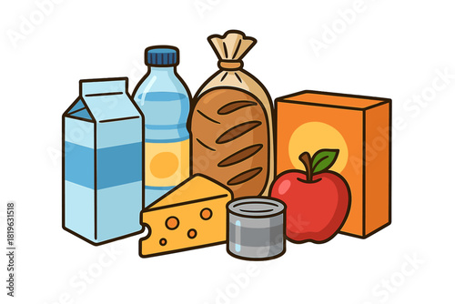 Variety of essential food items like dairy, produce, bread, and canned goods