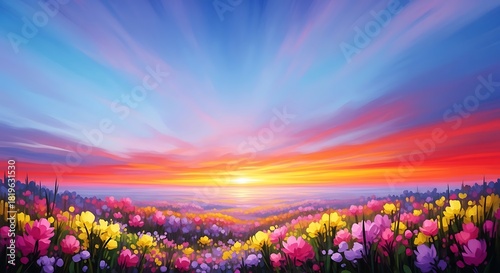 Fototapeta Naklejka Na Ścianę i Meble -  Vibrant wildflower meadow at sunset with colorful sky nature