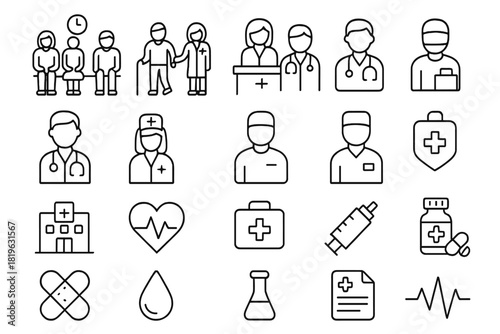 A diverse set of outline symbols for essential healthcare and medical services