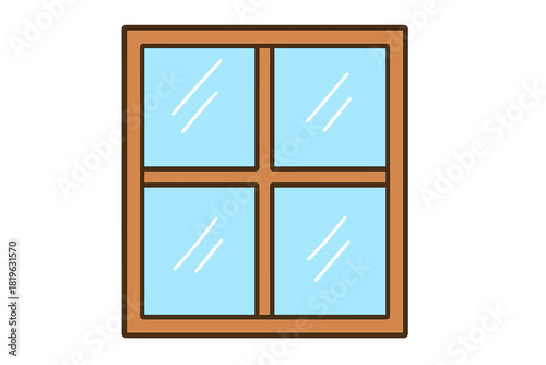 Simple wooden window frame with four glass panes isolated on a white background