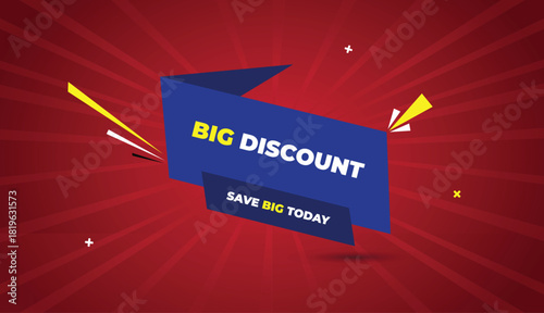 big discount save big today web banner vector art template design badge icon label blue shapes white yellow bold text dark red light sun shine abstract business background creative promo style graphic