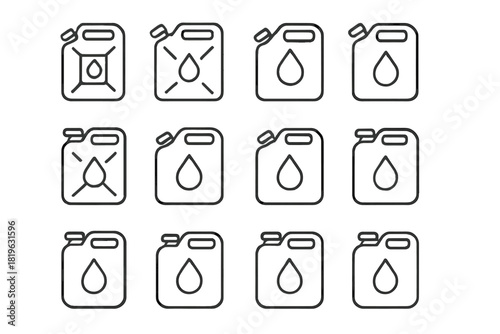 Collection of twelve different outline symbols of jerrycans containing a liquid drop sign