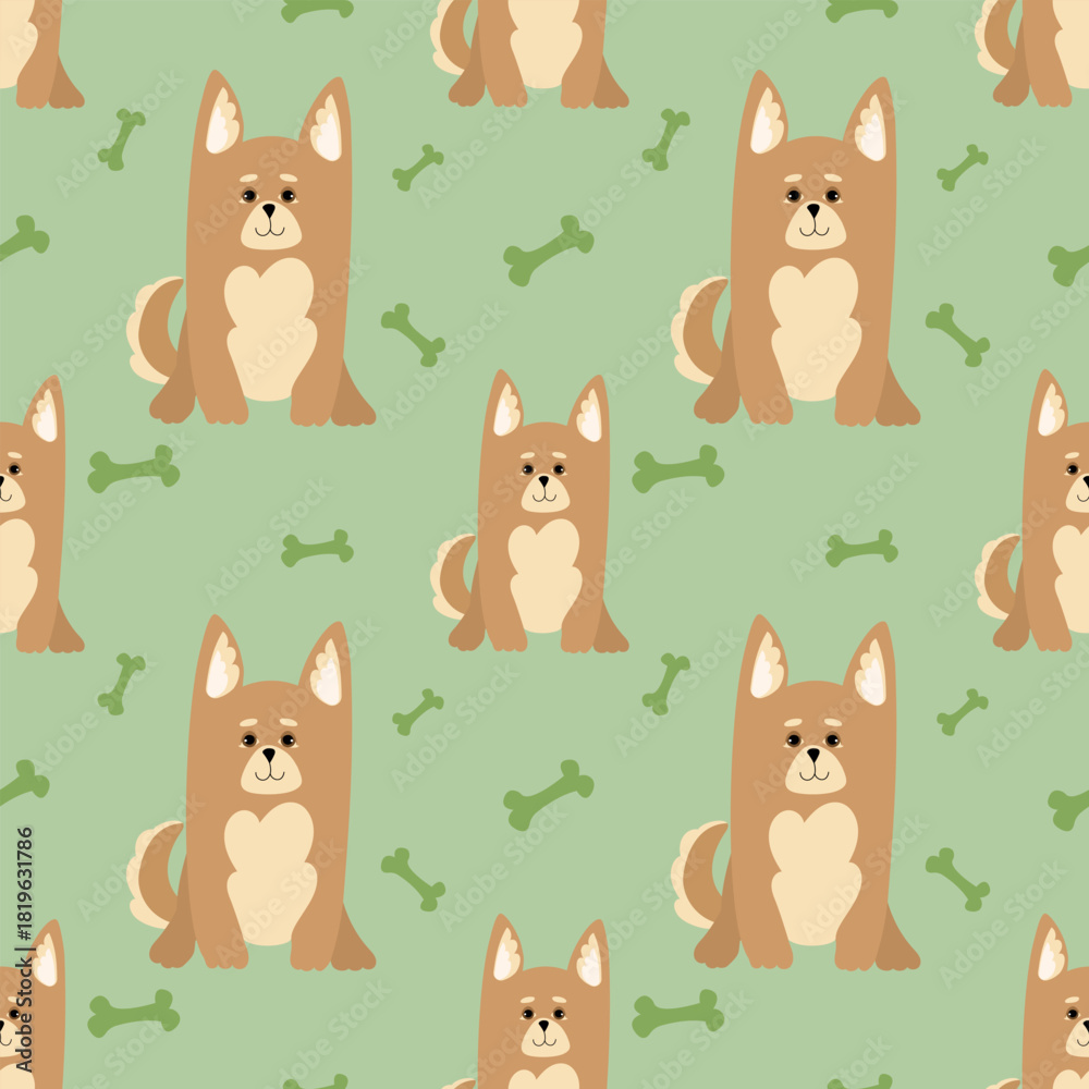Obraz premium Cute doggies seamless pattern. Pet objects and dogs isolated on bright background. Seamless pattern with cartoon corgi dogs and bones, dog food .Vector.Design for packaging of products and dog food.