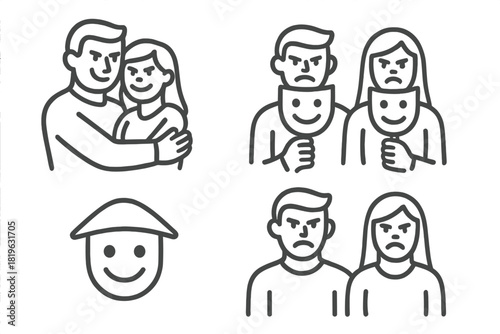 Line icons representing emotional states, relationships, and hidden feelings behind masks