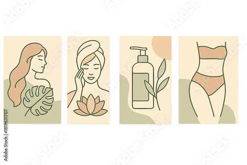 Minimalist beauty self-care poster set with female profiles spa treatment and cosmetic product