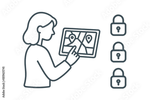 Person viewing a digital map on a tablet device next to multiple security padlock symbols