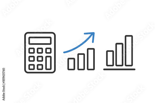 Financial calculation and business growth symbols: calculator and rising bar charts with an upward arrow