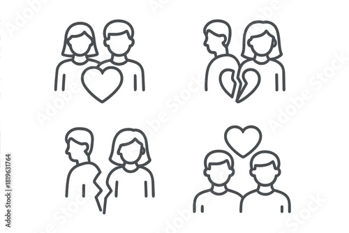 Relationship status icons showing love, breakup, separation, and same-sex couple symbols