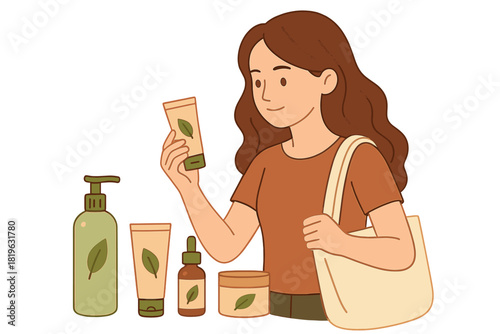 Woman inspecting natural cosmetic cream tube and organic beauty products