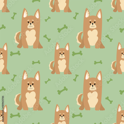 Cute doggies seamless pattern. Pet objects and dogs isolated on bright background. Seamless pattern with cartoon corgi dogs and bones, dog food .Vector.Design for packaging of products and dog food.