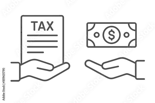 Outline of hands holding a tax form and dollar banknote symbolizing tax payment or financial filing