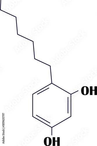 Chemical structure of hexylresorcinol a molecule with a benzene ring and hydroxyl groups vector illustration