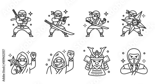 Ninja Warrior Icons Set of Japanese Martial Arts Characters and Weapons