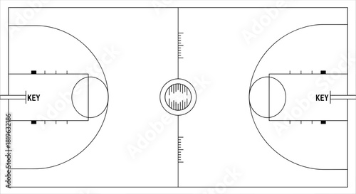 Detailed black and white line art illustration of a full basketball court layout, showcasing regulation markings for professional and amateur play, perfect for sports diagrams.