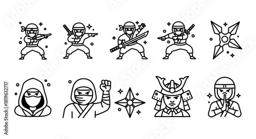 Ninja Warrior Icon Set Martial Arts, Samurai, and Shuriken Symbols for Graphics