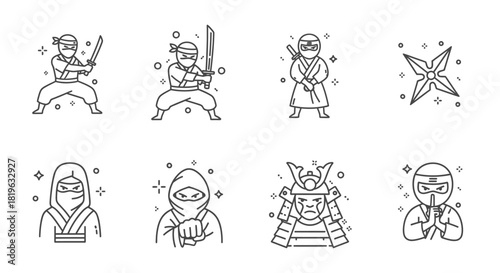 Set of eight stylized icons representing ninjas in various poses, ideal for graphic design and digital projects